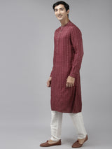 Men Burgundy & Beige Woven Design Thread Work Kurta