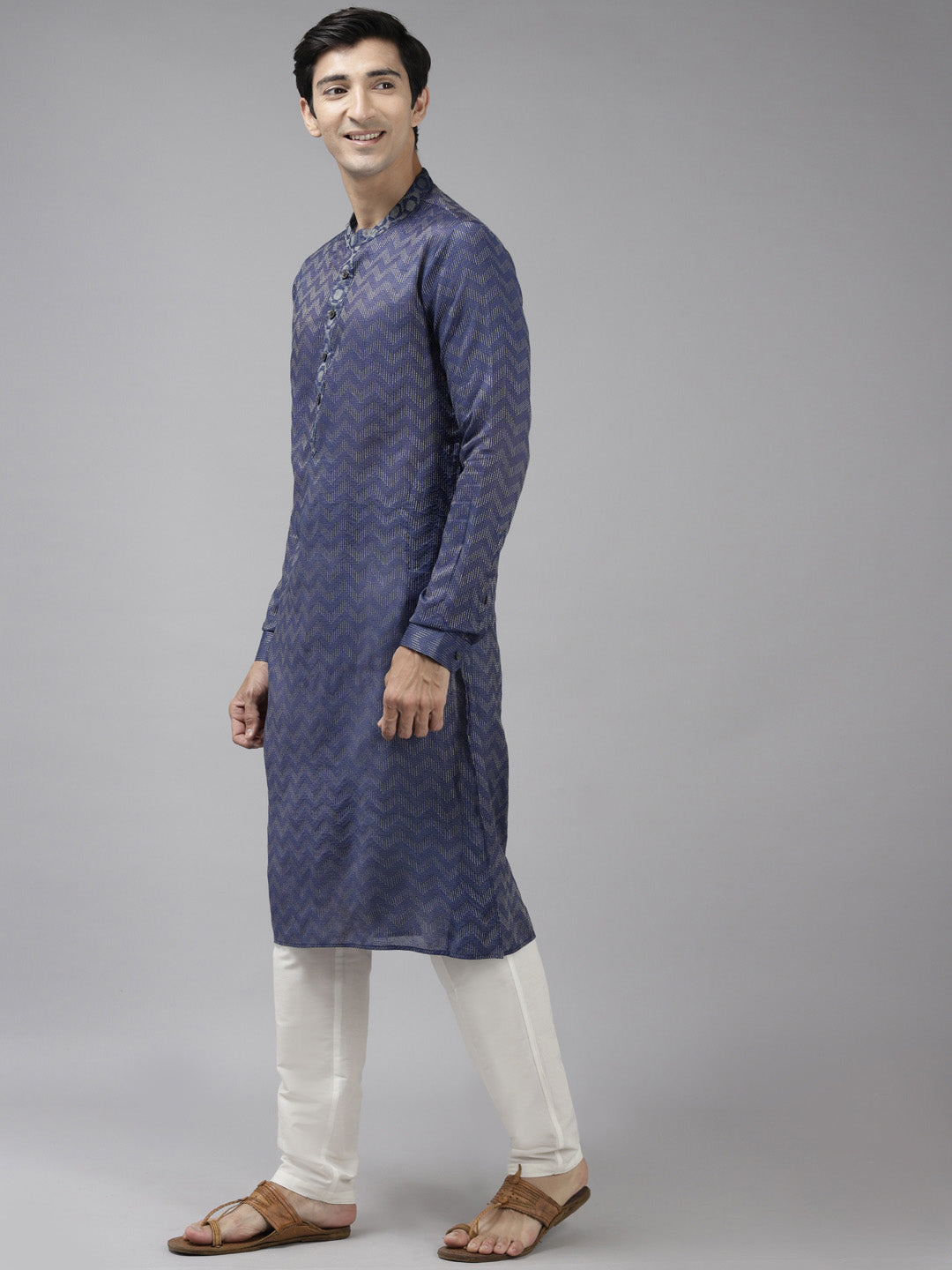 Men Purple & Beige Wave Woven Design Thread Work Kurta