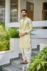 Men Olive Thread Work Yoke Design Kurta