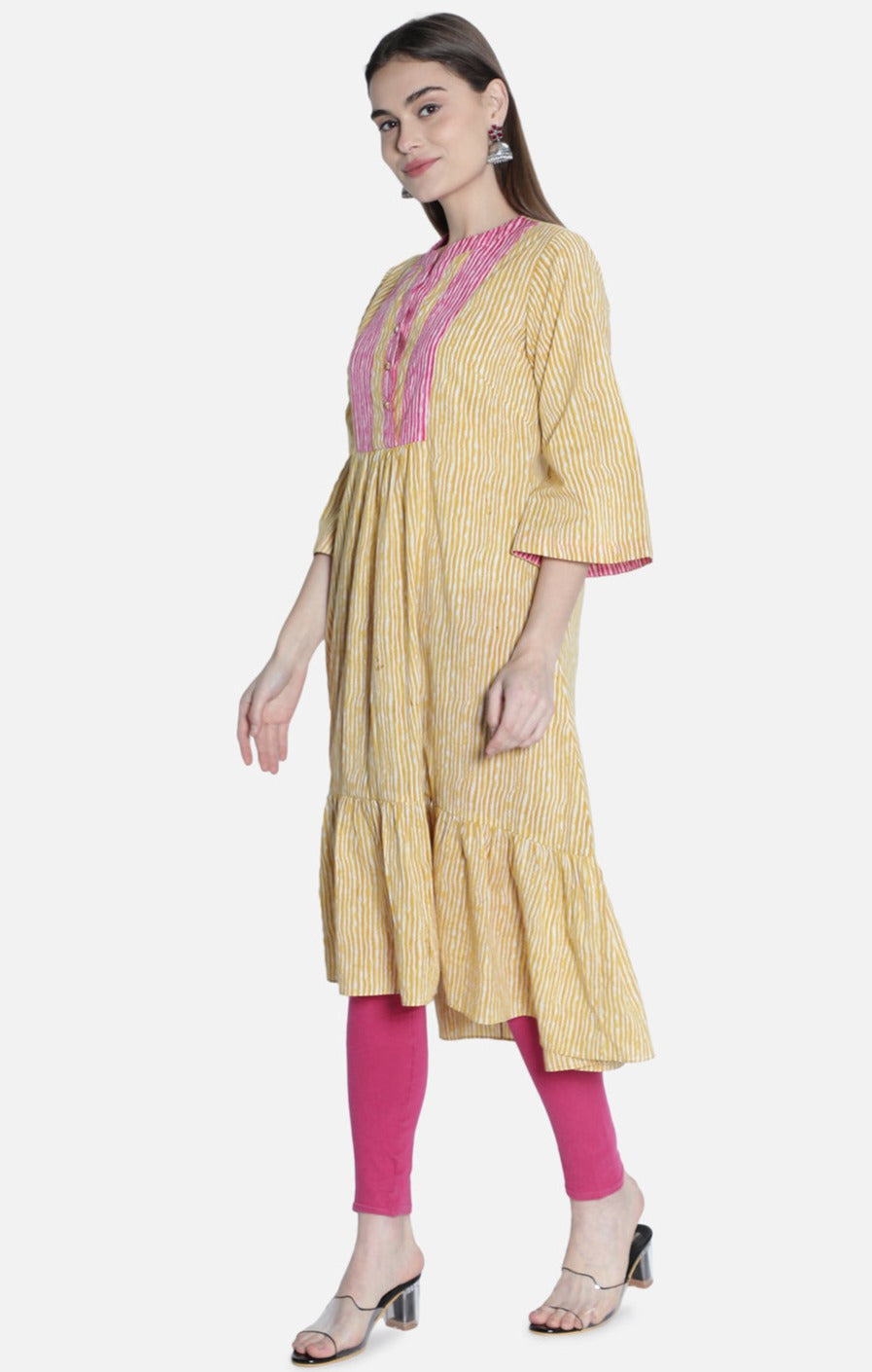 Women Mustard And Pink Printed Dress