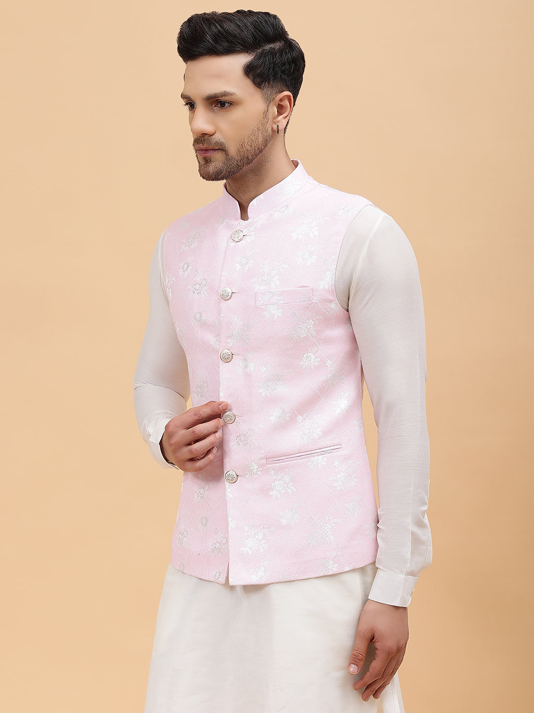 Men Pink & Gold Woven Design Jacquard Nehru Jacket