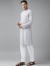 Men Grey Cotton Straight Kurta with Slub Effect