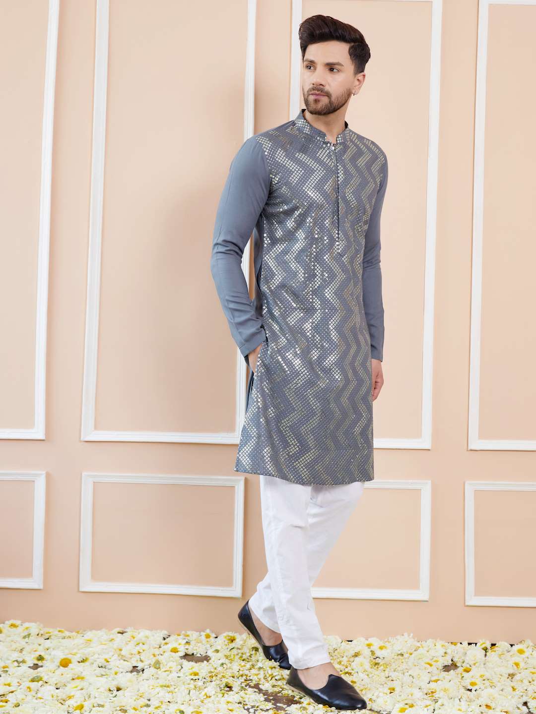 Men Grey And Gold Rayon Embroidery Sequins Kurta With Pajama