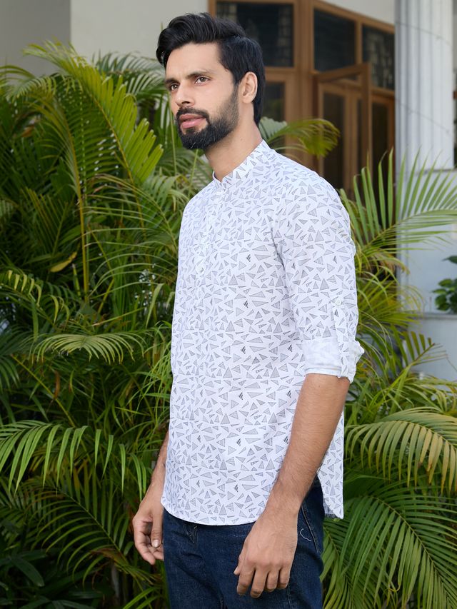 White Geometric Printed Rayon Short Kurta