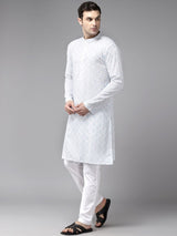 Men White with Light Blue Pattern Pure Cotton Embroidered Straight Kurta With Pajama