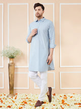 Men Blue Cotton Solid Pathani Kurta