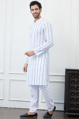 Men White And Blue Striped Chikankari Embroidered Cotton Kurta