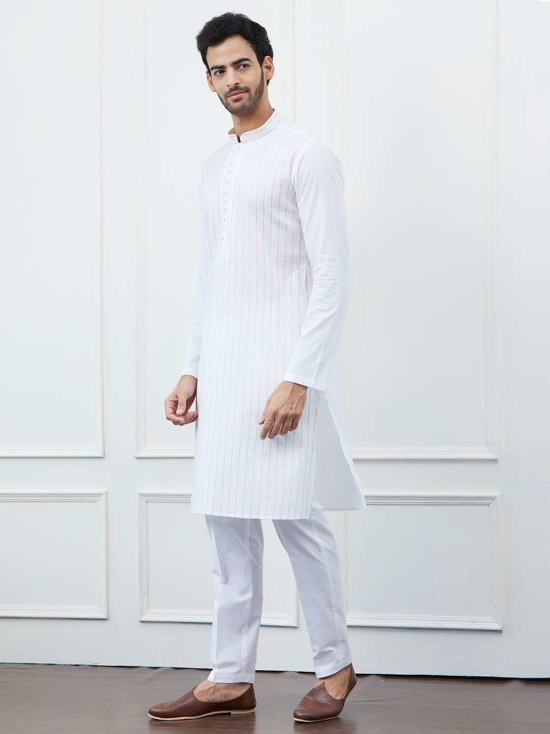 Men White Cotton Gold Thread Work & Sequence Kurta