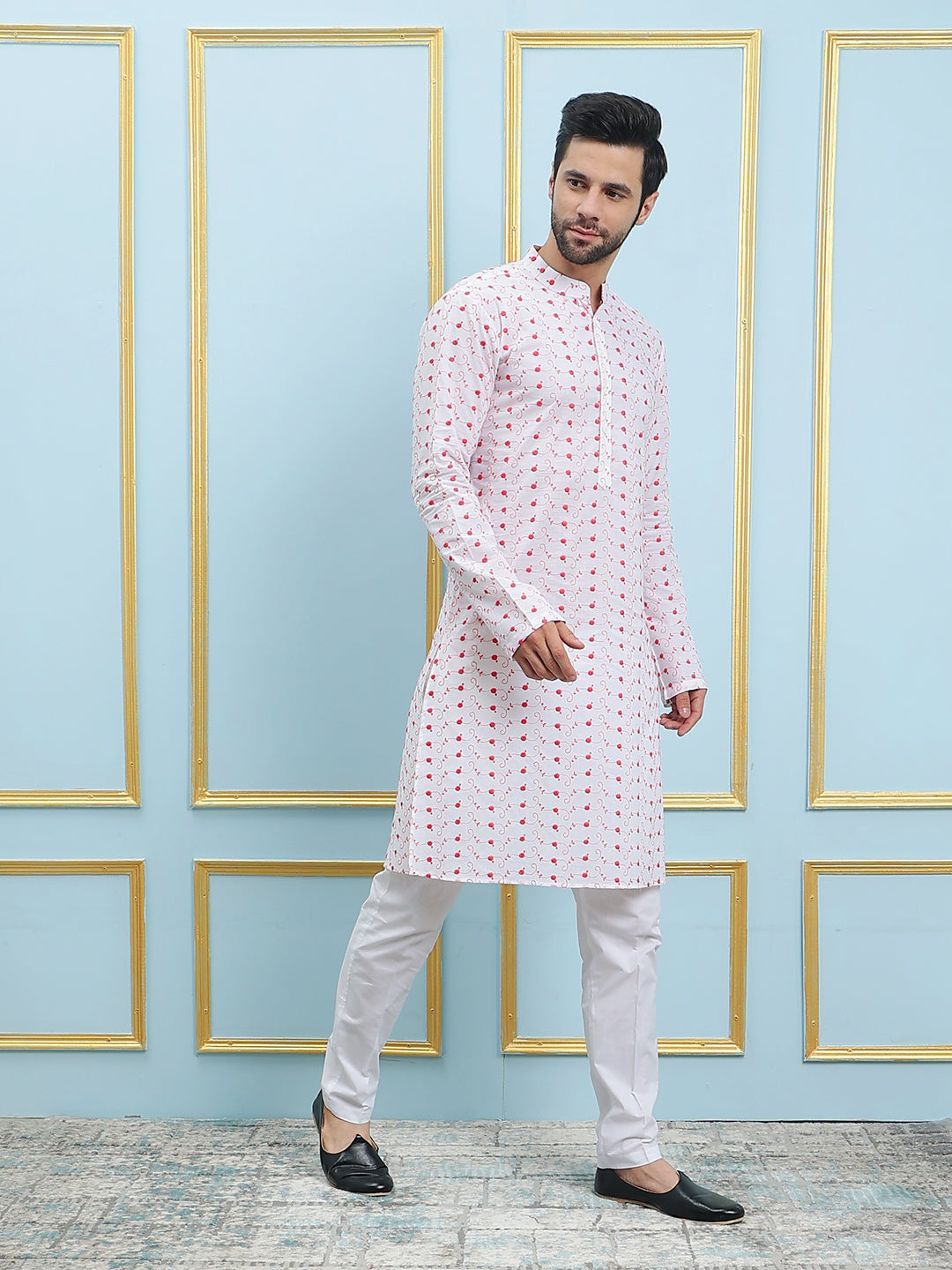 Riwaat.com Men White & Red Chikankari Embroidery Cotton Kurta Riwaat Chikankari Cotton Embroidered