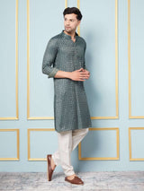 Men Blue & Green Woven Design Thread Work Kurta With Pajama