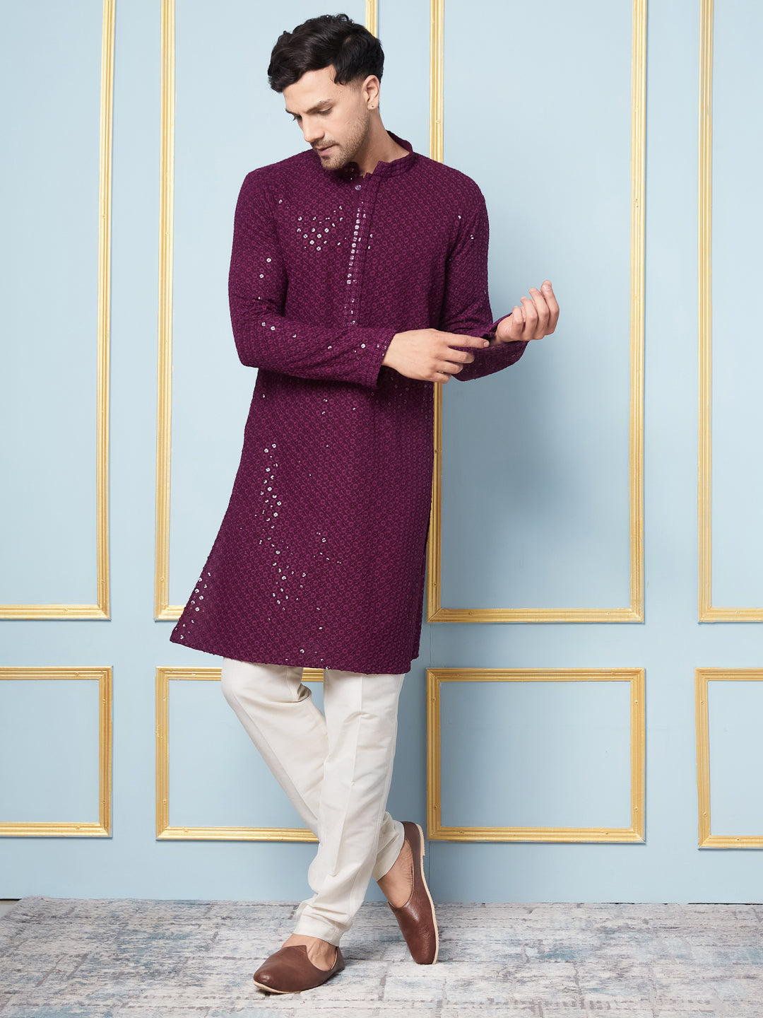 Men Megenta Embroidered Sequined Rayon Kurta & Cream Pajama