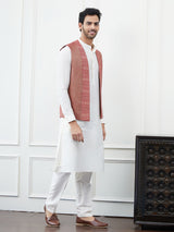 Men Burgundy Color Woven Design Jacqurd Nehru Jacket