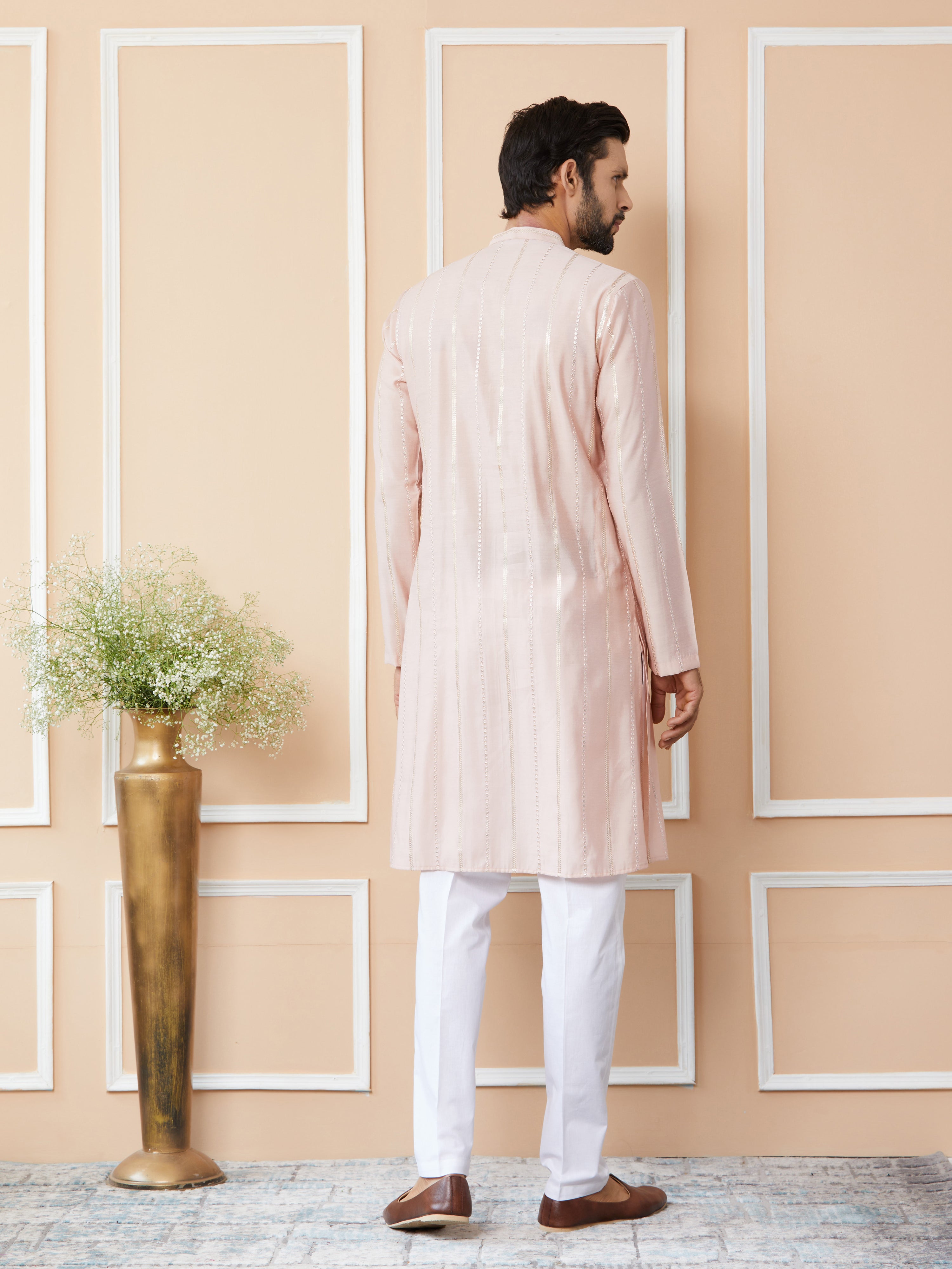 Light Pink Sequins Embroidered Pure Chanderi Silk Straight Kurta with Pyjama