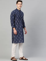 Riwaat.com Men Navy Blue & White Printed Straight Kurta With Pajama Riwaat Printed