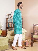 Men Sea Green And White Cotton Leaf Print Straight Kurta With Pajama