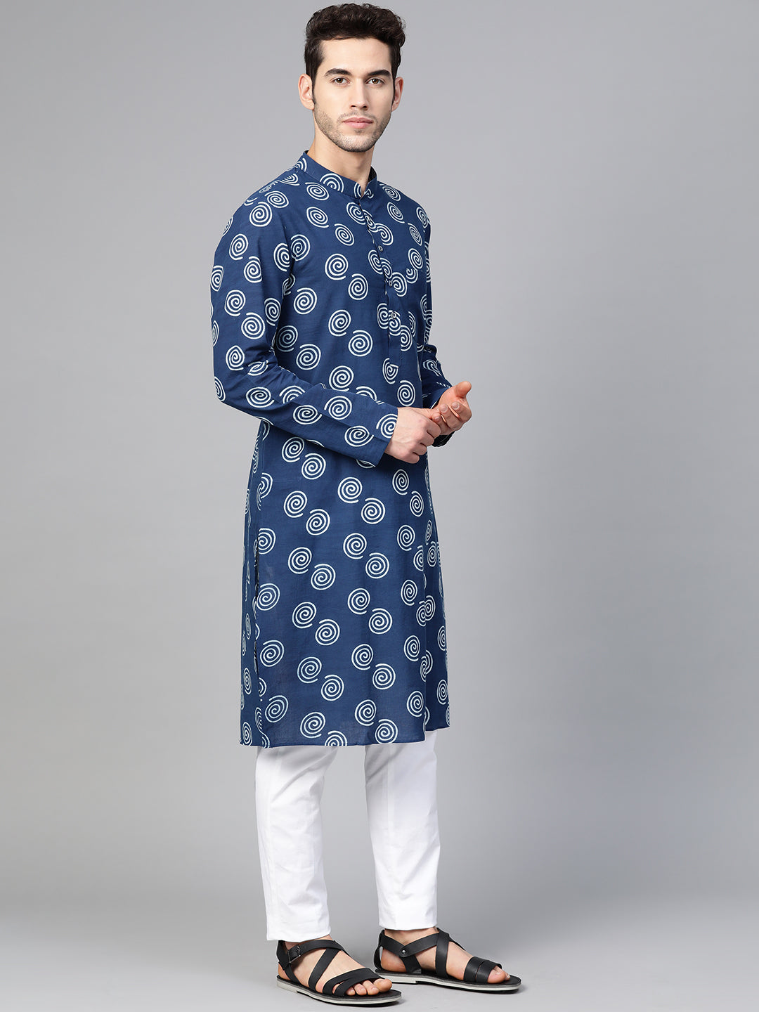 Riwaat.com Men Blue Indigo Hand Block Print Straight Sustainable Kurta Riwaat Printed