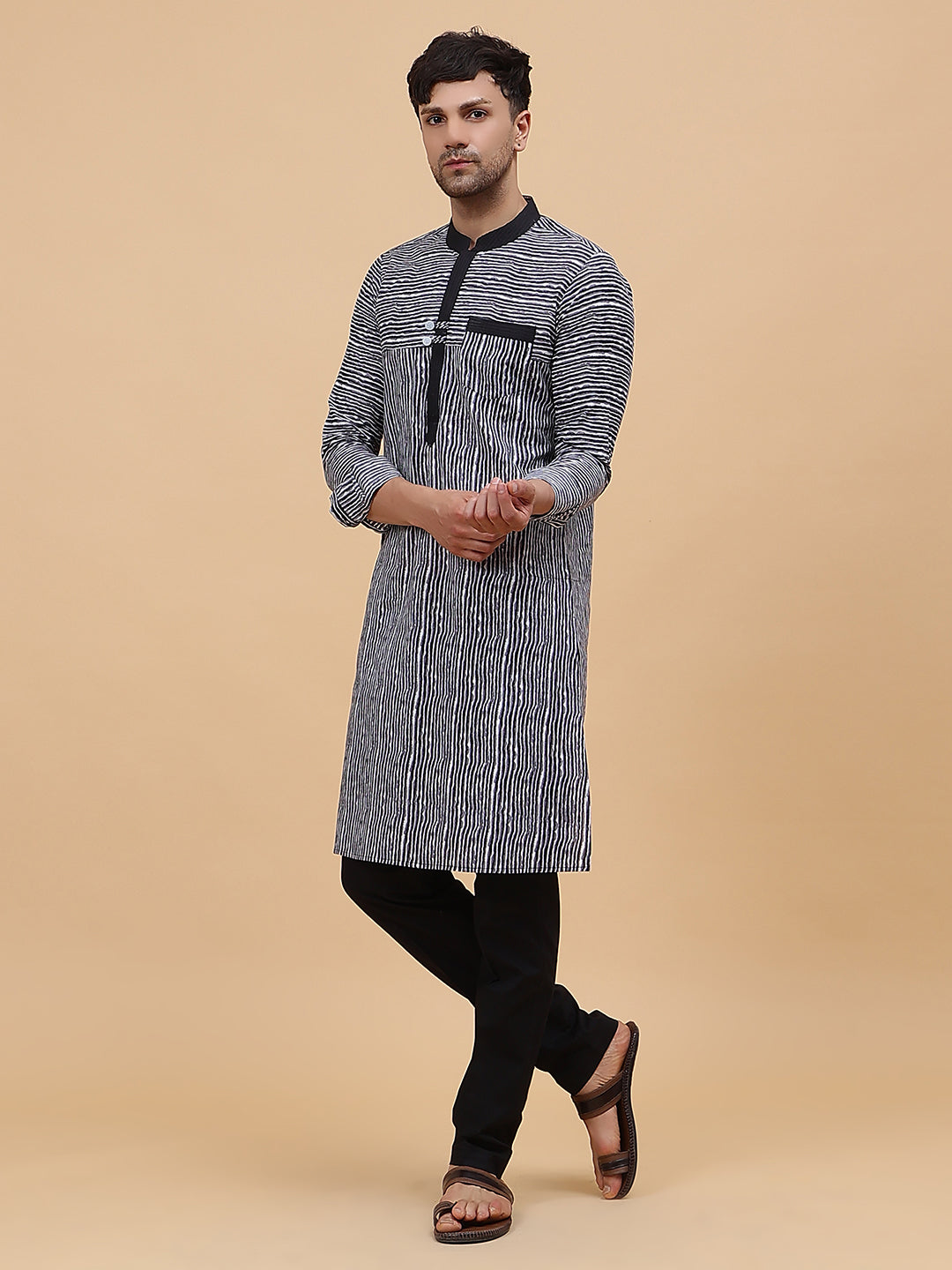 Men Black & White Pure Cotton Thread Work Straight Kurta With pyjama