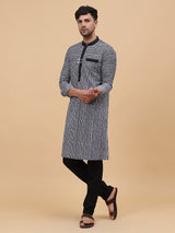 Men Black & White Pure Cotton Thread Work Straight Kurta With pyjama