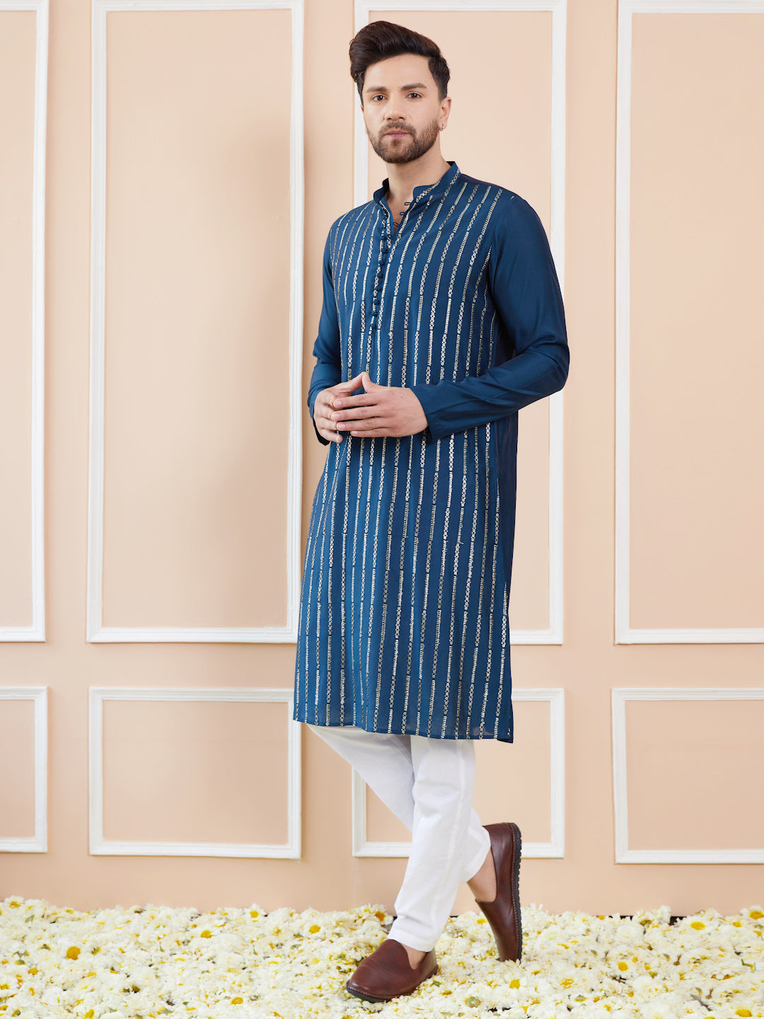 Men Sapphire Splendor Chanderi Silk Sequins Kurta