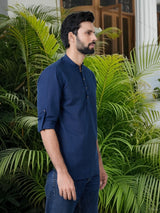 Men Pack Of 2 Navy Blue & Turquoise Blue Cotton Solid Short Kurta