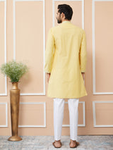 Yellow Solid Cotton Straight Kurta with Pyjama with Jacquard neckline
