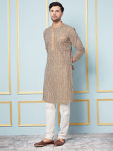Men Coffee Brown And White Strip Printed Kurta
