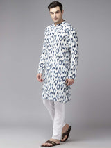 Men White & Blue Ikat Pattern Pure Cotton Printed Straight Kurta With Pajama