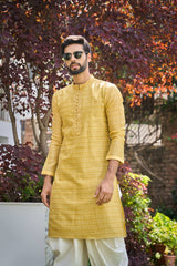 Men Mustard and White Printed Thread Work Kurta With Patiala Salwar