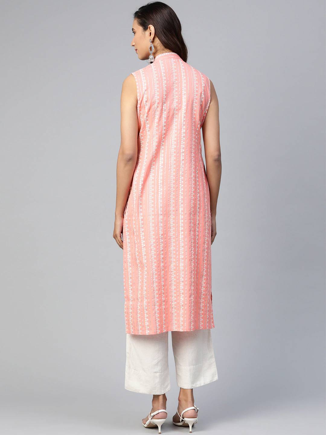 Women Peach & Off-White Khari Print Straight Kurti