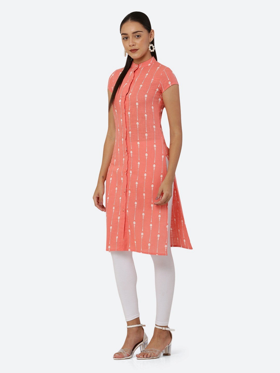 Women Peach & White Khari Print Straight Kurti