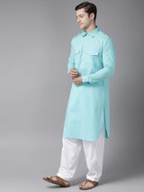 Riwaat.com Men Turquoise Pathani Kurta with Salwar Riwaat Pathani Plain