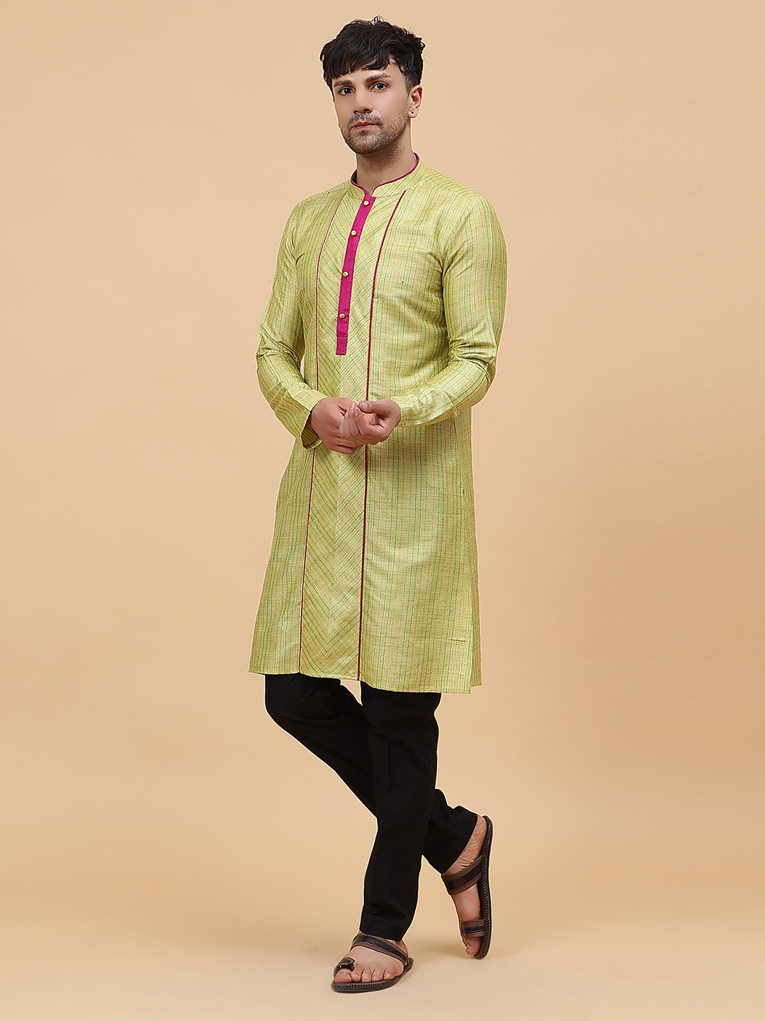 Men Lime Green Silk Woven Design Straight Kurta With pyjama