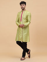 Men Lime Green Silk Woven Design Straight Kurta With pyjama