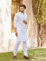 Men White Cotton Pintex Design Thread Work Kurta