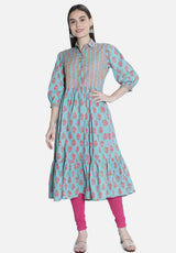 Women Blue And Pink Printed Kurti