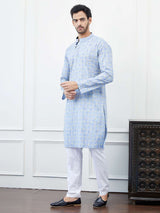 Men Blue & White Leaf Design Printed Cotton Kurta