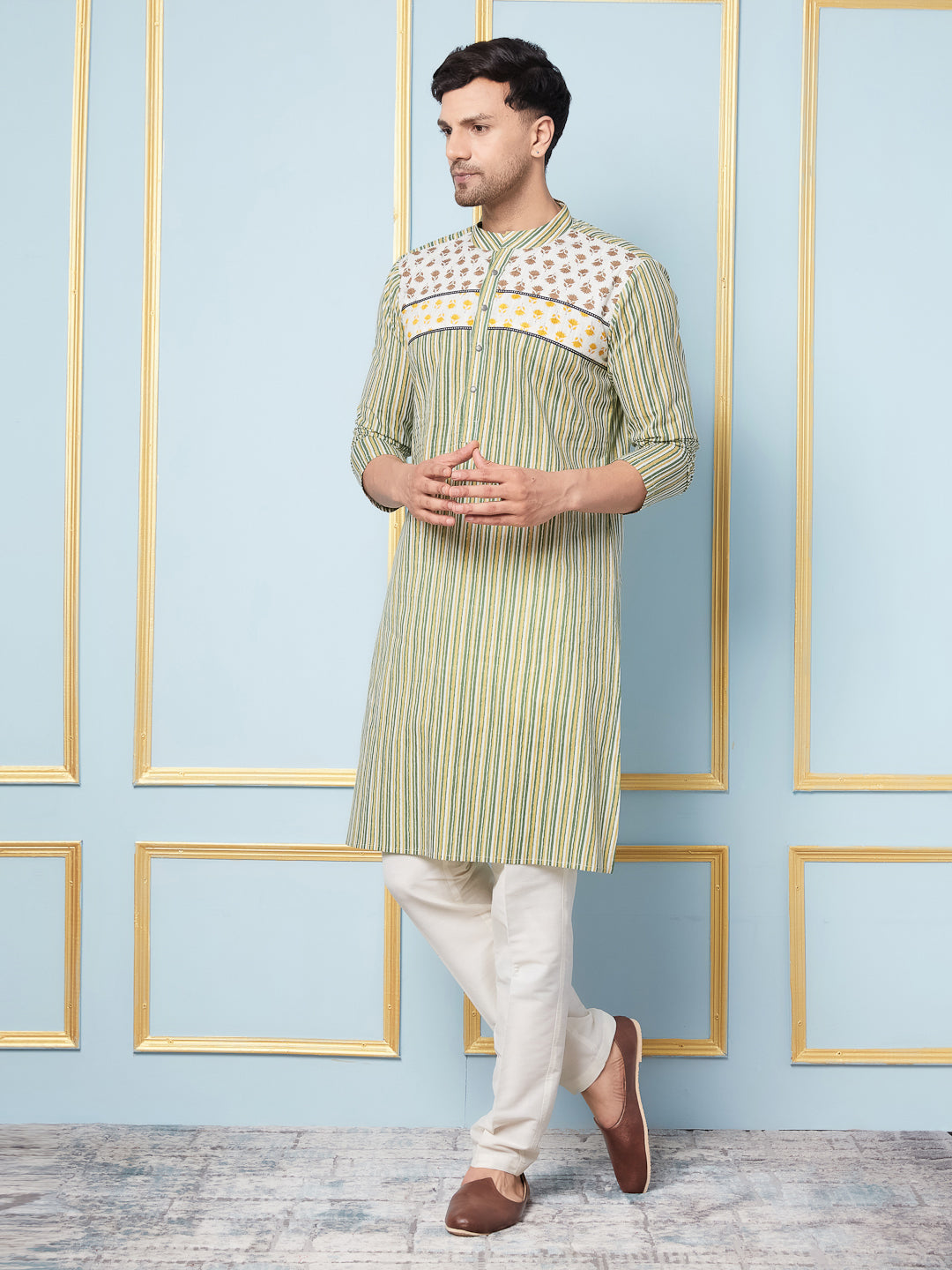 Men Multicoloured Strip Printed Kurta With pyjama