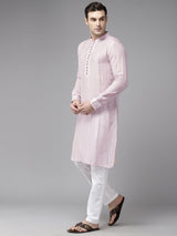 Men Pink Zari Work Silk Woven Design Straight Kurta With Pajama