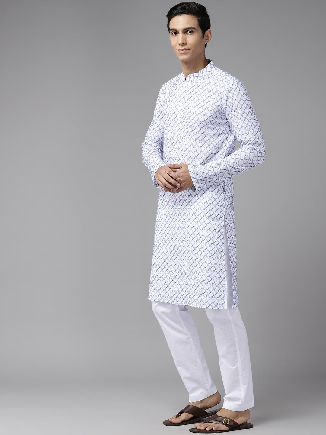 Men White with Blue Lattice Pattern Pure Cotton Embroidered Straight Kurta With Pajama