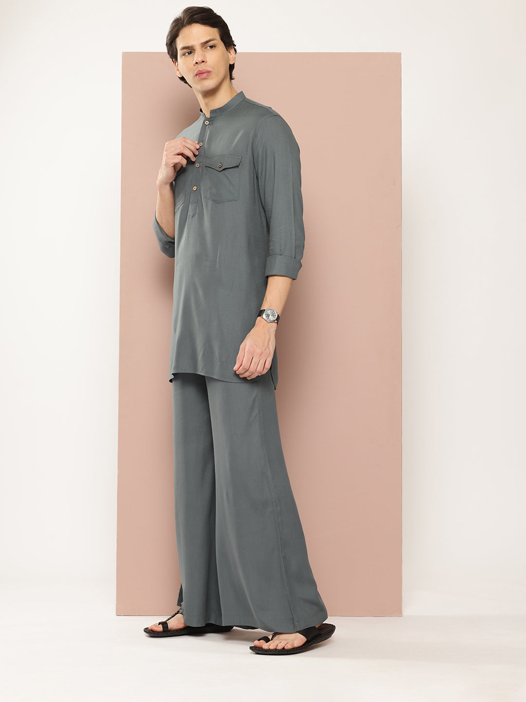 Men Grey Rayon Solid Pathani Sets