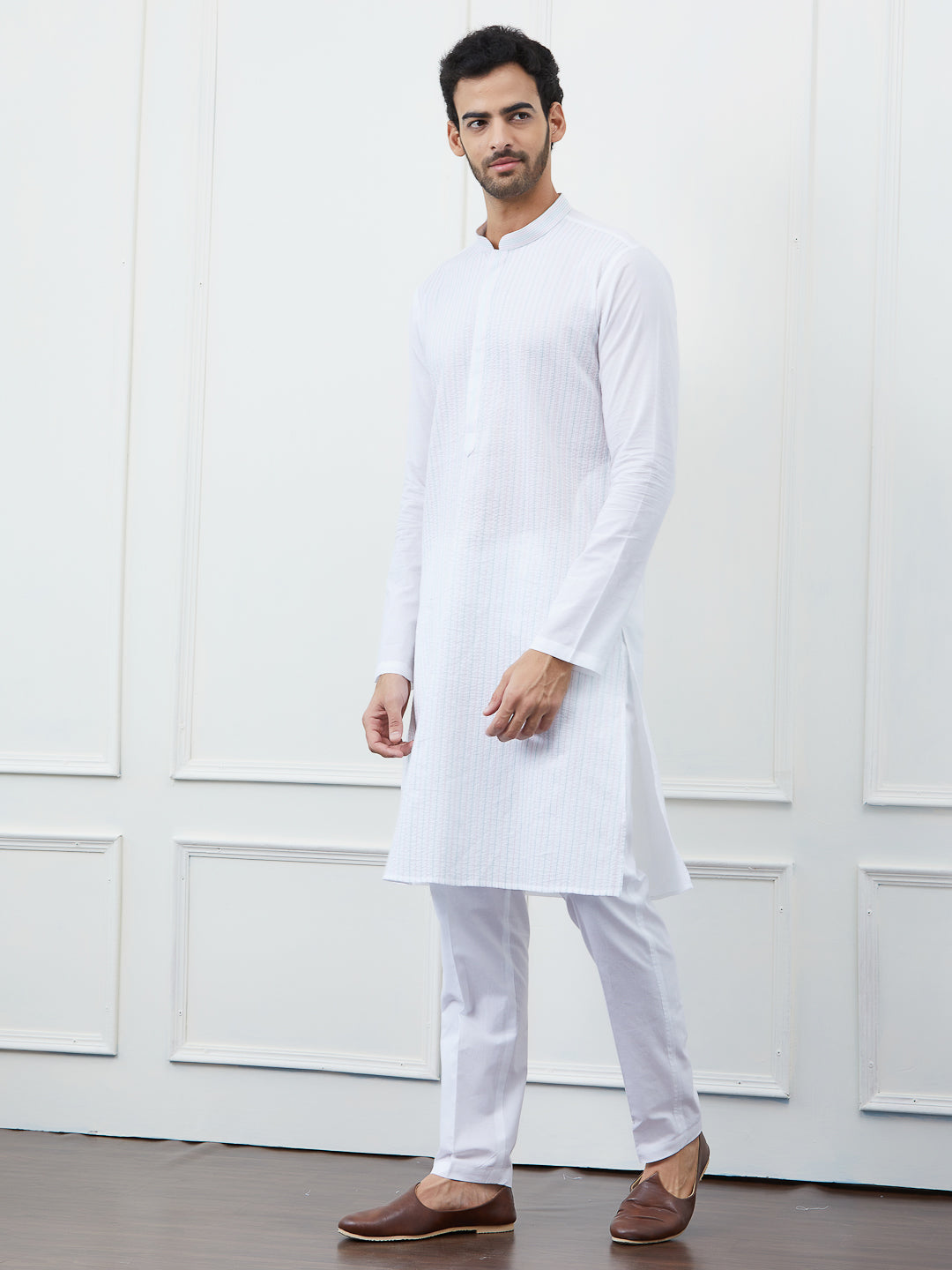 Men White with Subtle Pastel Stripes Kurta and Pajama