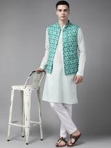 Men Green & Beige Printed Pure Cotton Nehru Jacket