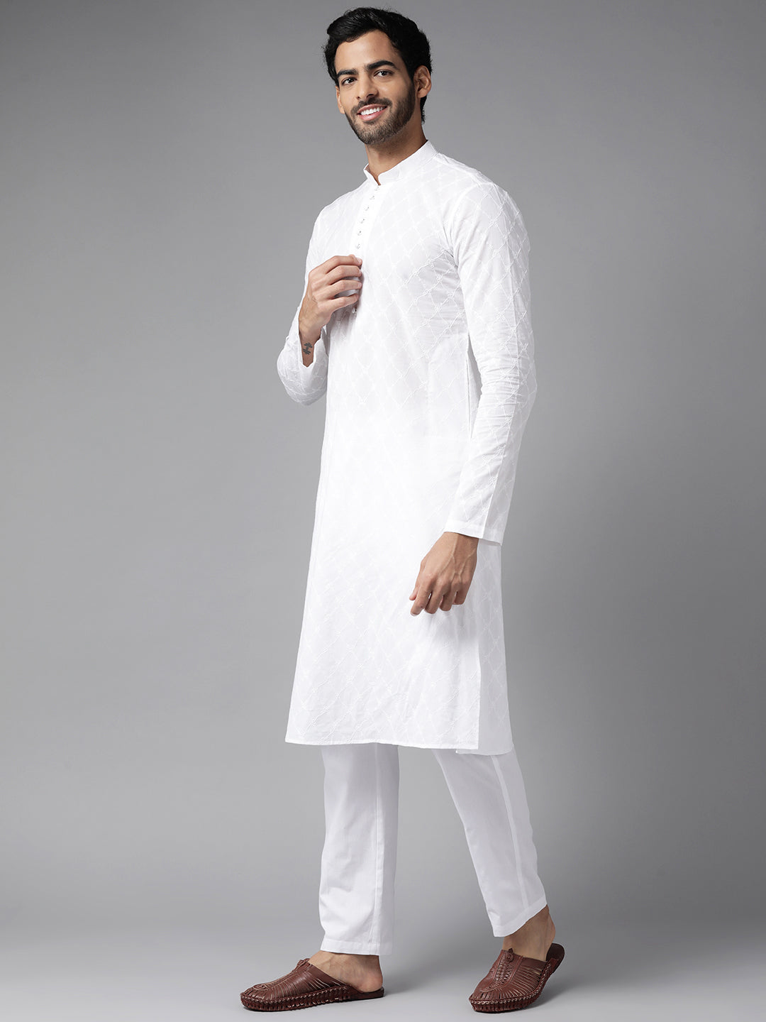 Men White Ivory Impressions Chikankari Embroidered Straight Kurta