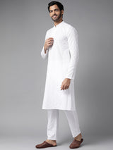 Men White Ivory Impressions Chikankari Embroidered Straight Kurta