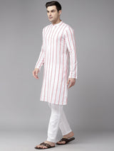 Men White & Pink Pure Cotton Embroidered Straight Kurta With Pajama