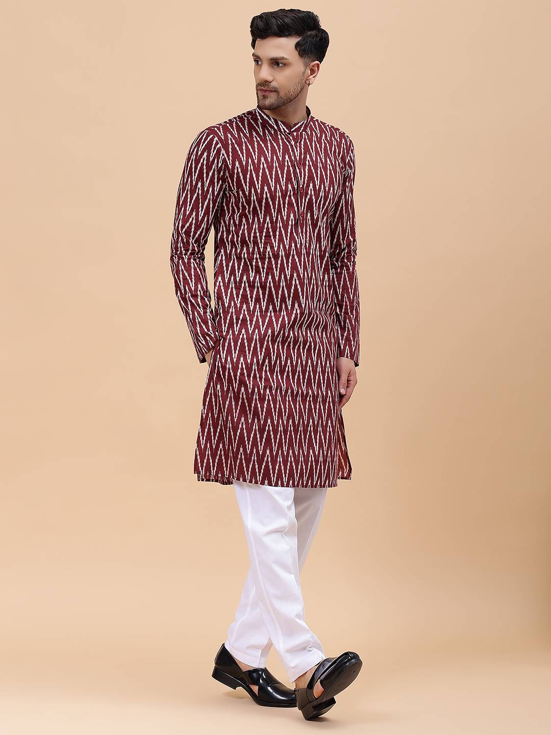 Men Maroon & White Pure Cotton Printed Straight Kurta With Pajama