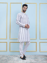 Riwaat.com Men White & Blue Chikankari Embroidery Cotton Kurta Riwaat Embroidered