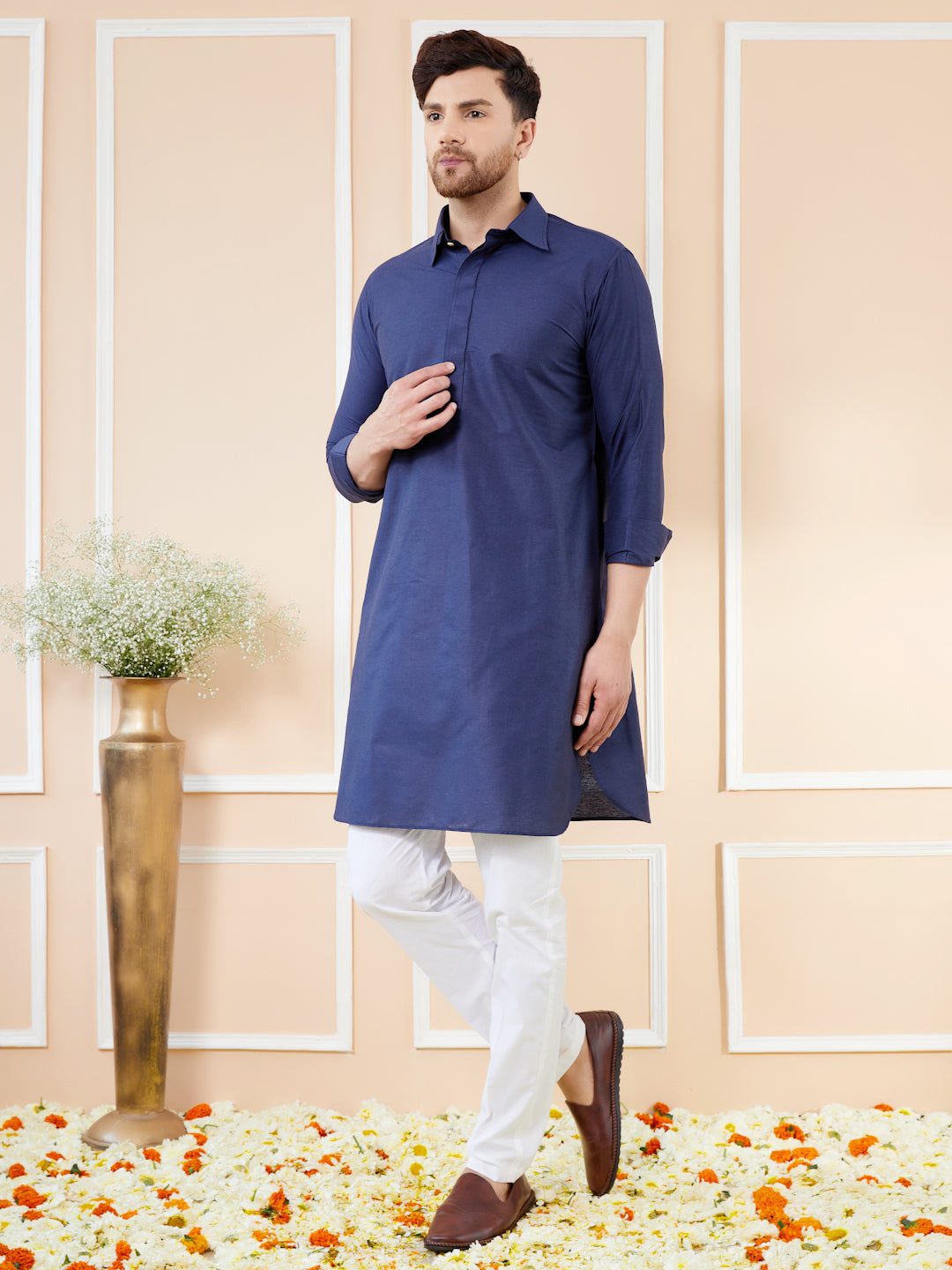 Men Navy Blue Cotton Solid Pathani Kurta with Pyjama