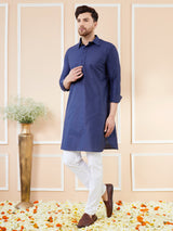 Men Navy Blue Cotton Solid Pathani Kurta with Pyjama