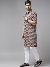 Men Blue Regular Pure Cotton Pathani Printed Men's Kurta With White Salwar
